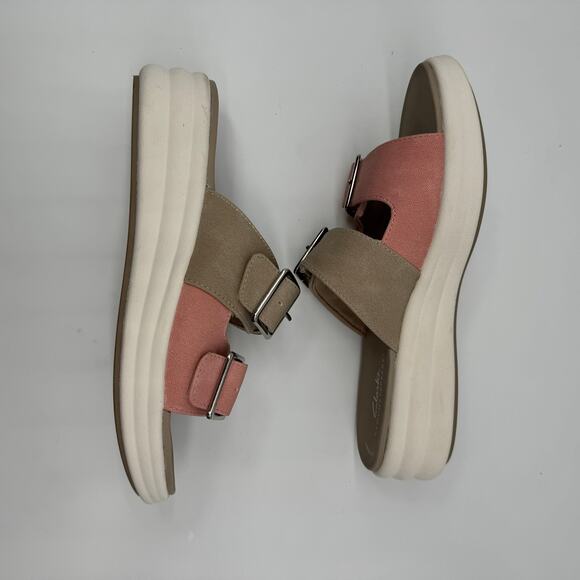 Clarks Cloudsteppers Womens Size 8M Drift Buckle Peach Combine Rose Khaki Slides - Picture 3 of 8